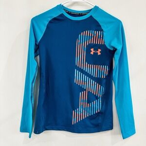 Youth Boys‎ Under Armour Swim Top Large Blue Fitted Heat Hear Rash-guard